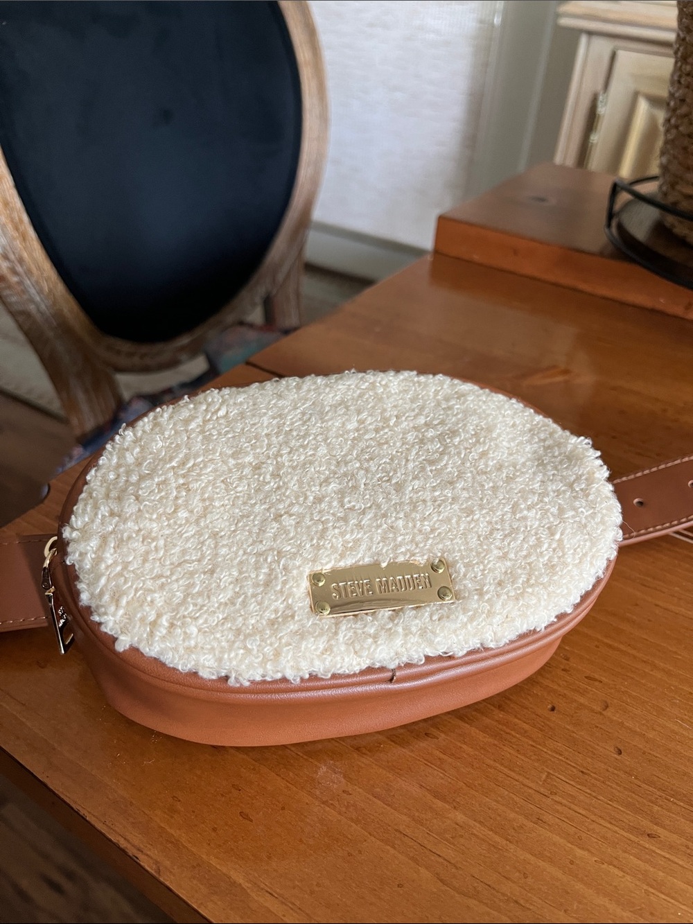 Steve Madden Cream Sherpa & Tan Faux-Leather Mini Belt Bag